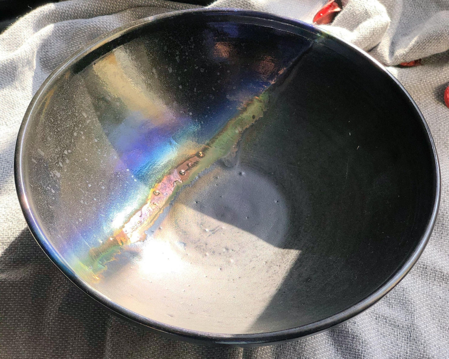 Black Serving/Salad Bowl with shades of Blue, and Gold Metallic Luster Stripe - Artistic Handmade Reduction Firing Ceramic Dinnerware