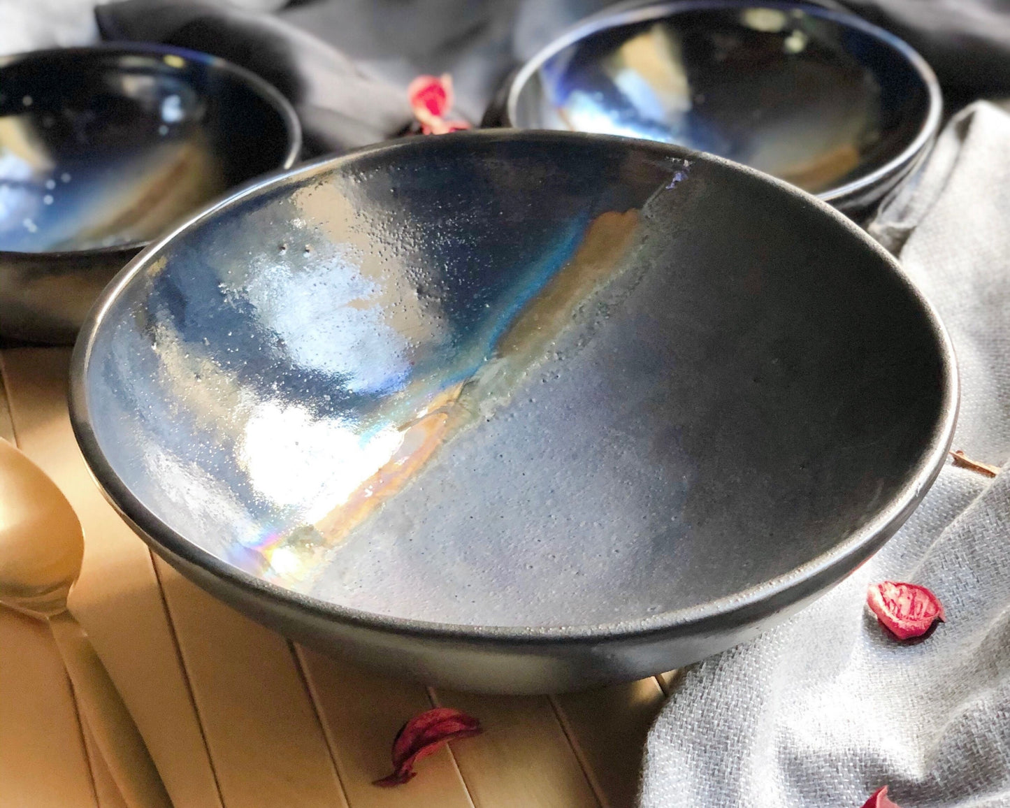 Black Serving/Salad Bowl with shades of Blue, and Gold Metallic Luster Stripe - Artistic Handmade Reduction Firing Ceramic Dinnerware