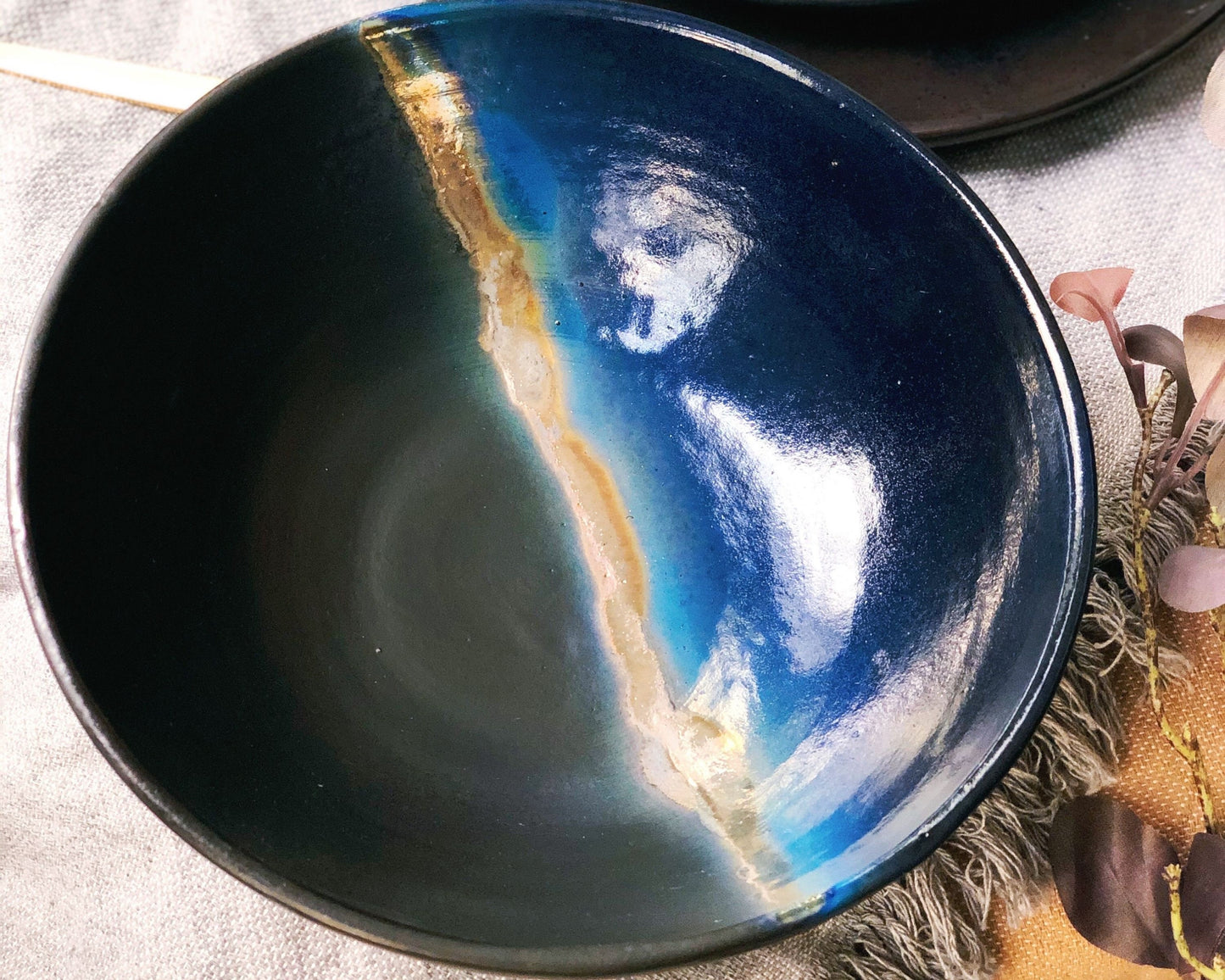 Black Serving/Salad Bowl with shades of Blue, and Gold Metallic Luster Stripe - Artistic Handmade Reduction Firing Ceramic Dinnerware