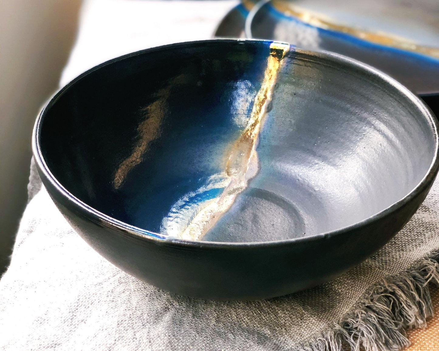 Black Serving/Salad Bowl with shades of Blue, and Gold Metallic Luster Stripe - Artistic Handmade Reduction Firing Ceramic Dinnerware