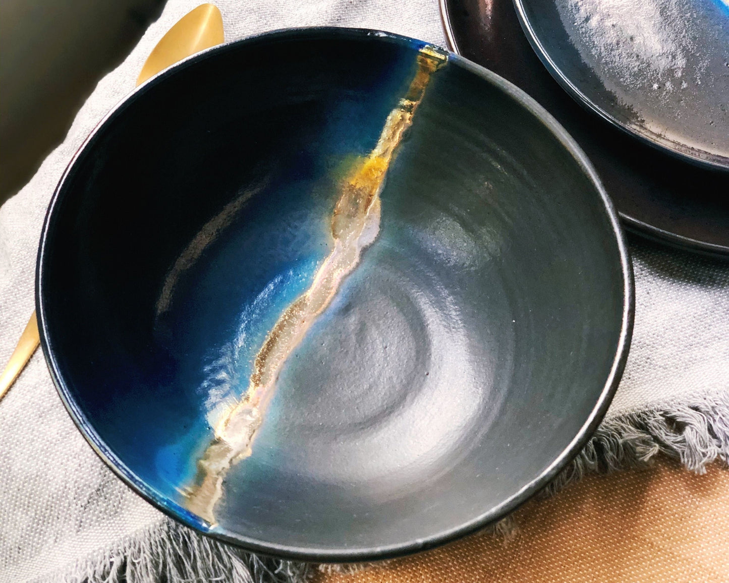 Black Serving/Salad Bowl with shades of Blue, and Gold Metallic Luster Stripe - Artistic Handmade Reduction Firing Ceramic Dinnerware