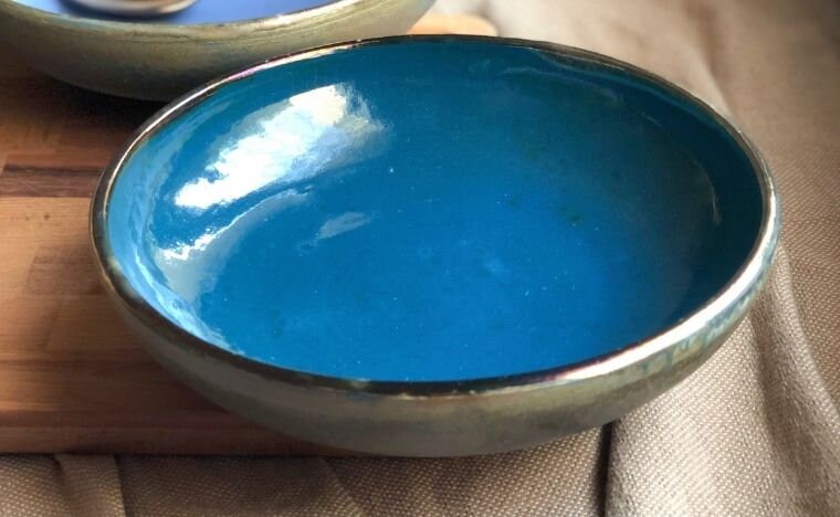 Peacock Blue Pasta Bowls Set | Metallic Gold Rim & Matt Rustic Green Exterior | Elegant Artistic Handmade Ceramic Dinnerware