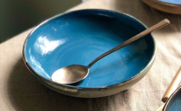 Peacock Blue Pasta Bowls Set | Metallic Gold Rim & Matt Rustic Green Exterior | Elegant Artistic Handmade Ceramic Dinnerware