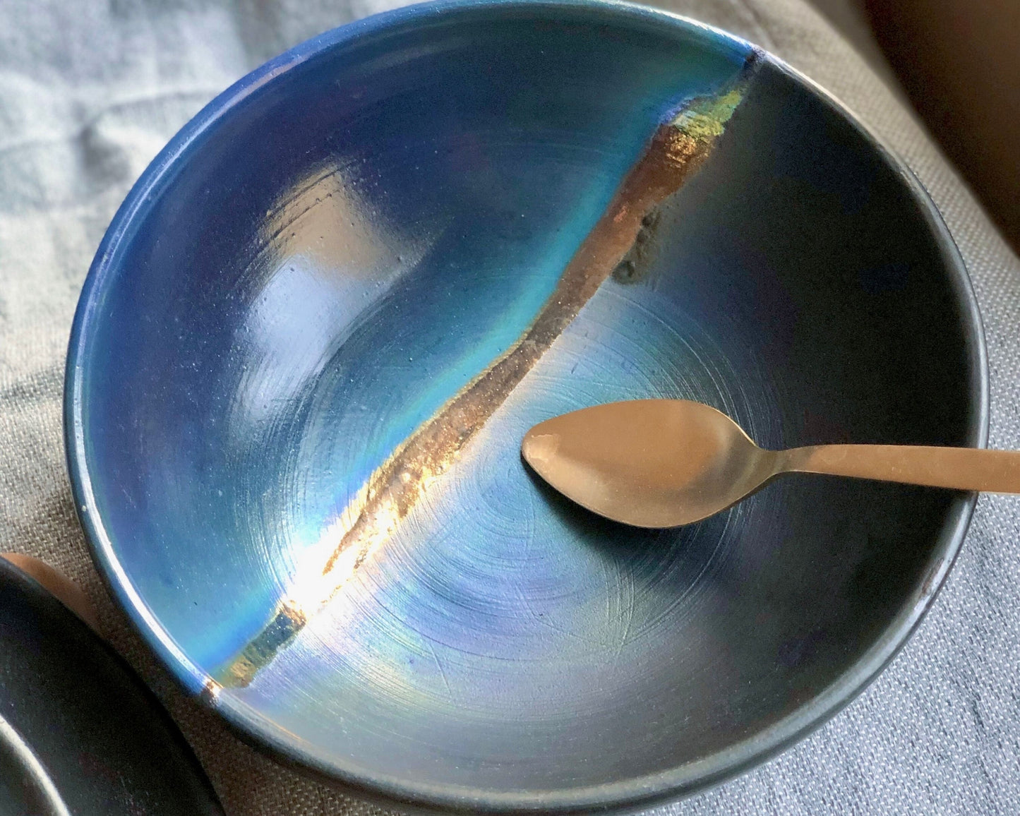 Black Serving/Salad Bowl with shades of Blue, and Gold Metallic Luster Stripe - Artistic Handmade Reduction Firing Ceramic Dinnerware