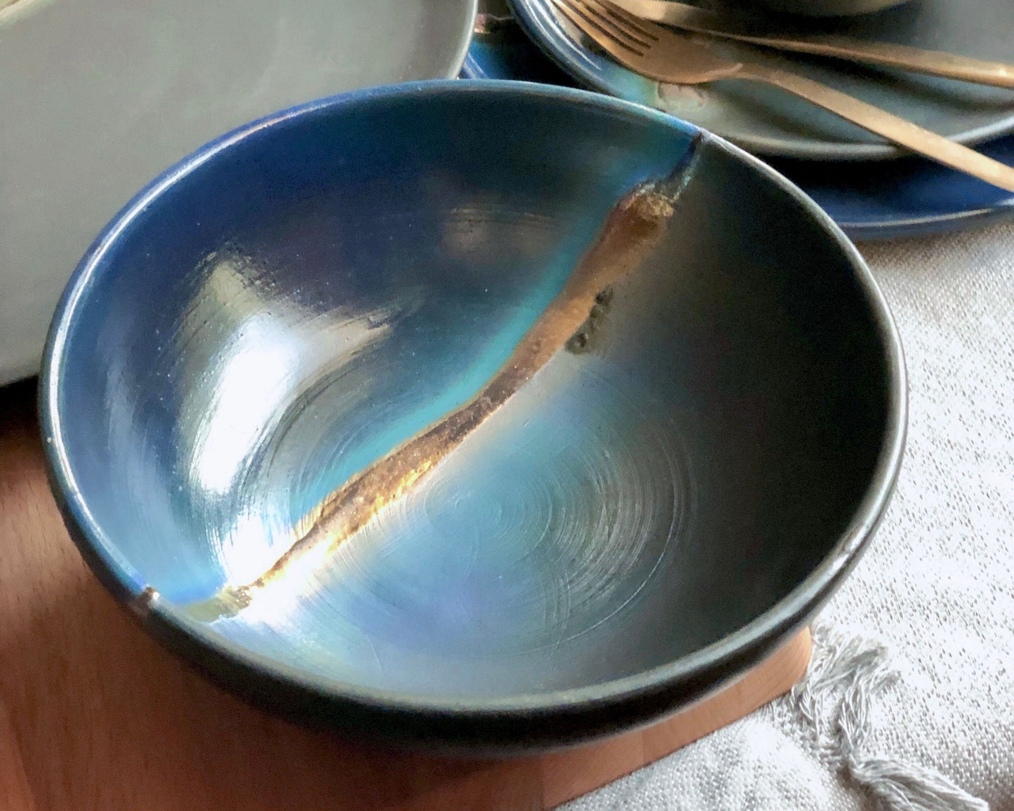 Black Serving/Salad Bowl with shades of Blue, and Gold Metallic Luster Stripe - Artistic Handmade Reduction Firing Ceramic Dinnerware