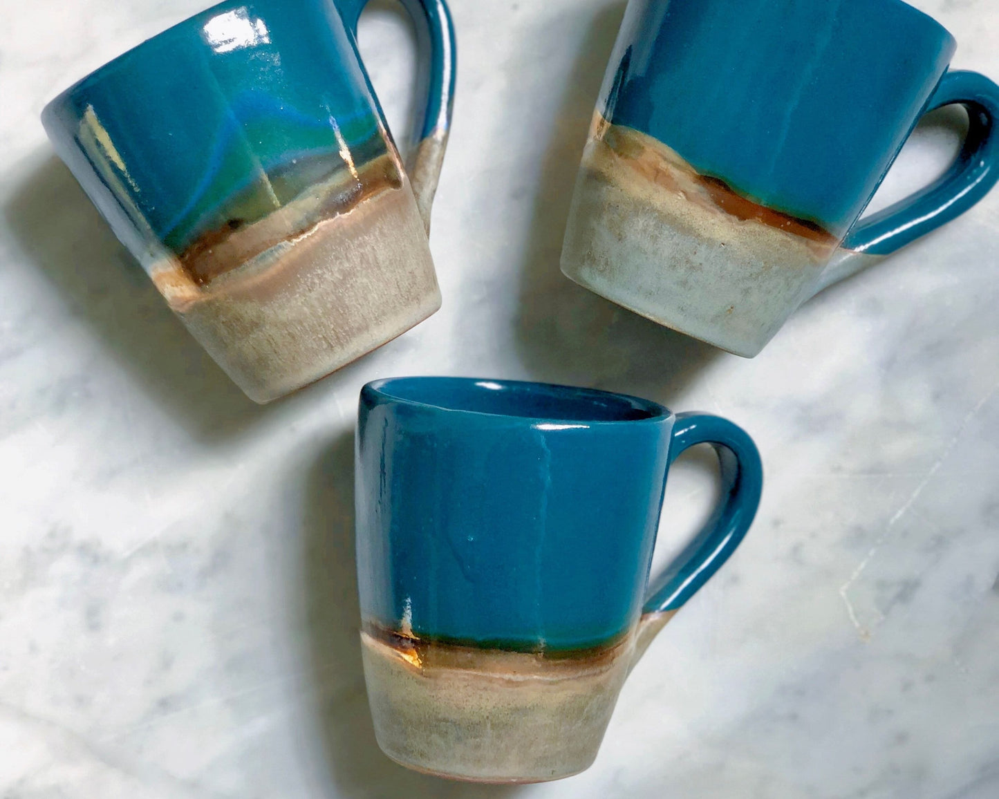 Green, Blue & Gold Mugs | Glossy, Rustic and Metallic Glazing | For Coffee, Latte, Cappuccino, or any Beverage | Artisan-made Mug Set