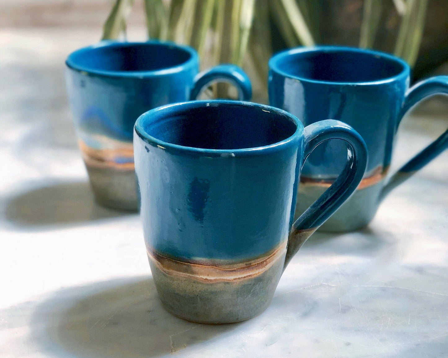 Green, Blue & Gold Mugs | Glossy, Rustic and Metallic Glazing | For Coffee, Latte, Cappuccino, or any Beverage | Artisan-made Mug Set