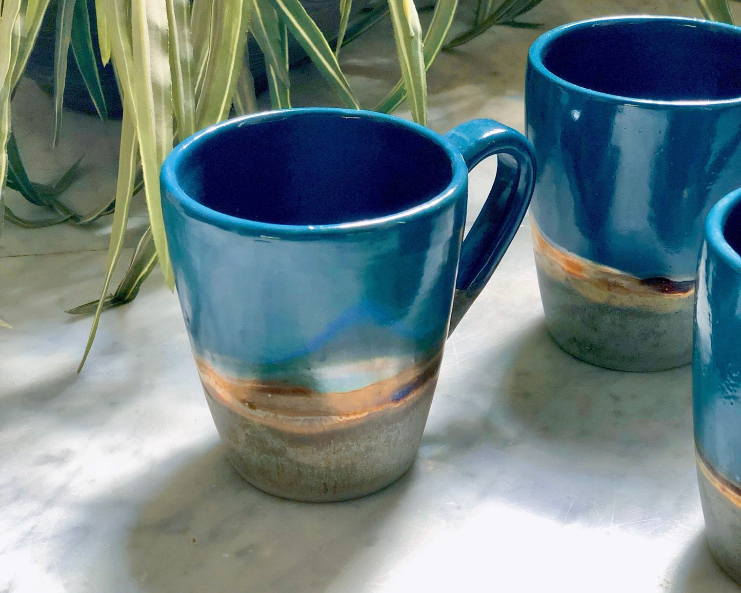 Green, Blue & Gold Mugs | Glossy, Rustic and Metallic Glazing | For Coffee, Latte, Cappuccino, or any Beverage | Artisan-made Mug Set
