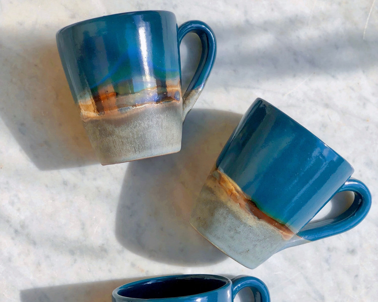 Green, Blue & Gold Mugs | Glossy, Rustic and Metallic Glazing | For Coffee, Latte, Cappuccino, or any Beverage | Artisan-made Mug Set