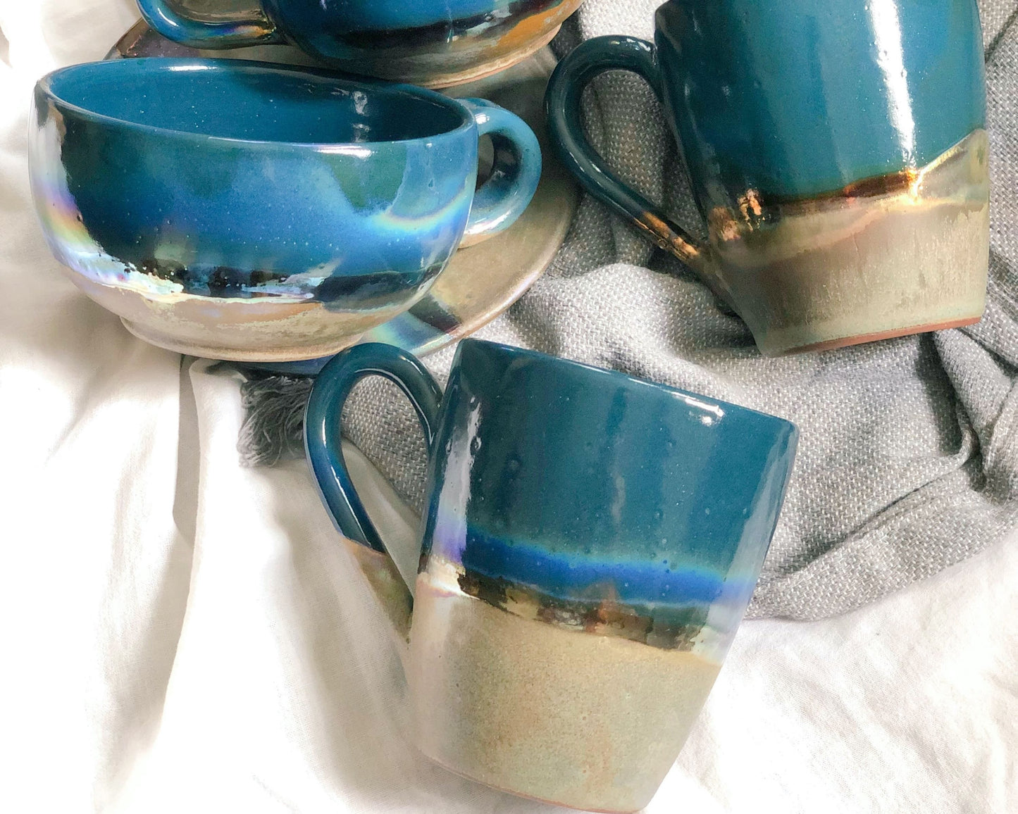 Green, Blue & Gold Mugs | Glossy, Rustic and Metallic Glazing | For Coffee, Latte, Cappuccino, or any Beverage | Artisan-made Mug Set