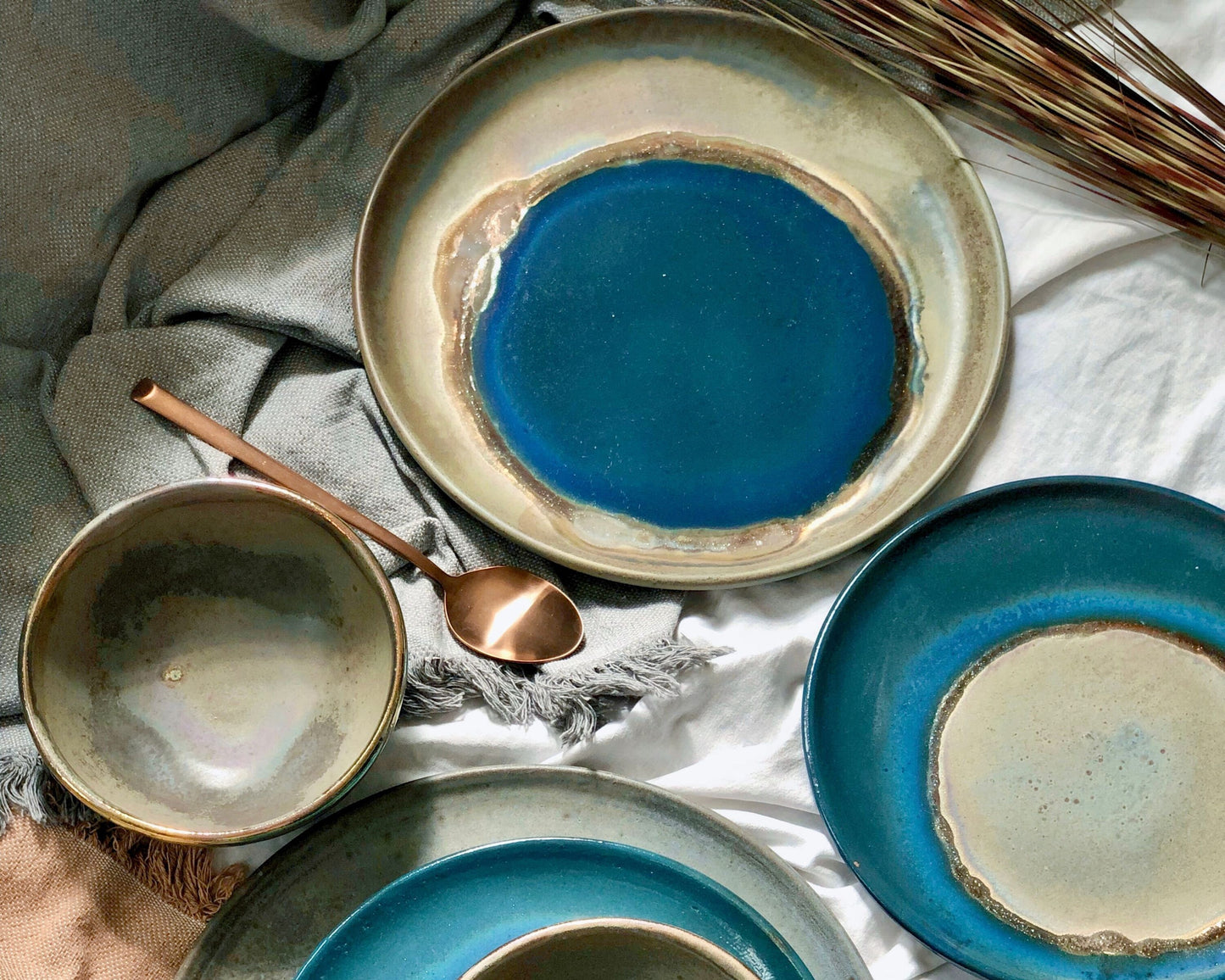 Green, Blue & Gold Dinner Plate Set | Rustic, Glossy Finish with Metallic Details | Artistic Unique Dinnerware | Ceramic Pottery Artisanal