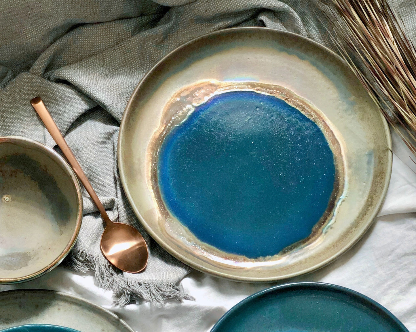 Green, Blue & Gold Dinner Plate Set | Rustic, Glossy Finish with Metallic Details | Artistic Unique Dinnerware | Ceramic Pottery Artisanal