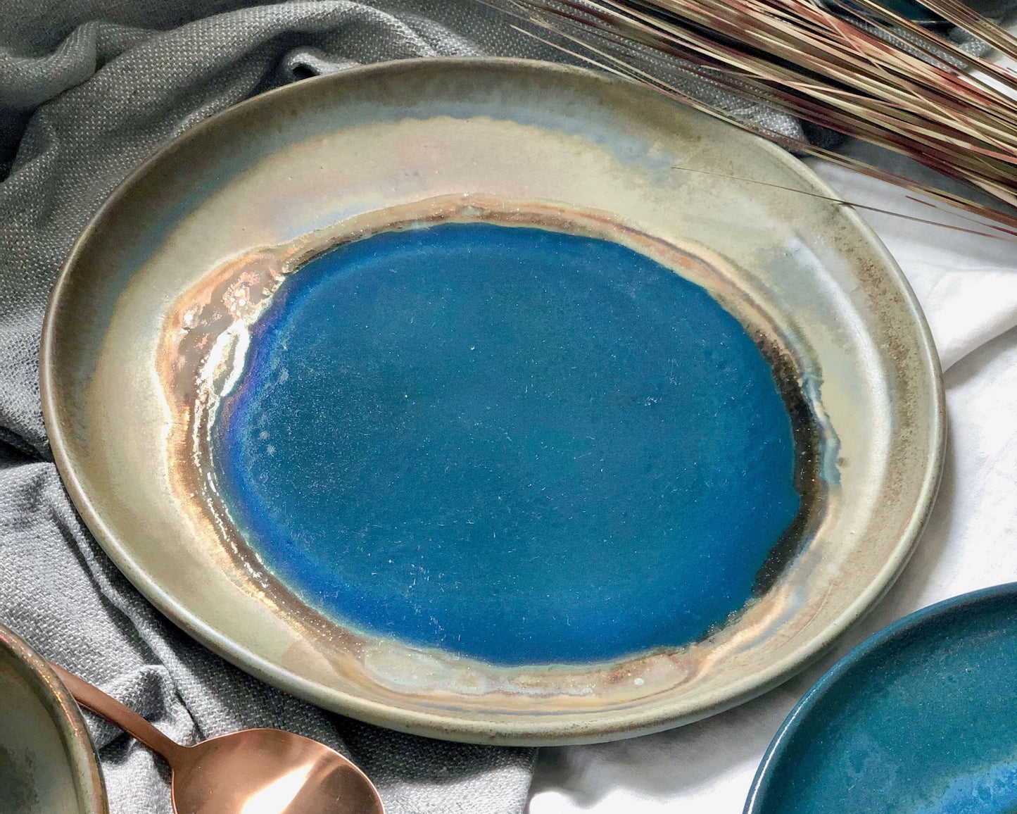 Green, Blue & Gold Dinner Plate Set | Rustic, Glossy Finish with Metallic Details | Artistic Unique Dinnerware | Ceramic Pottery Artisanal