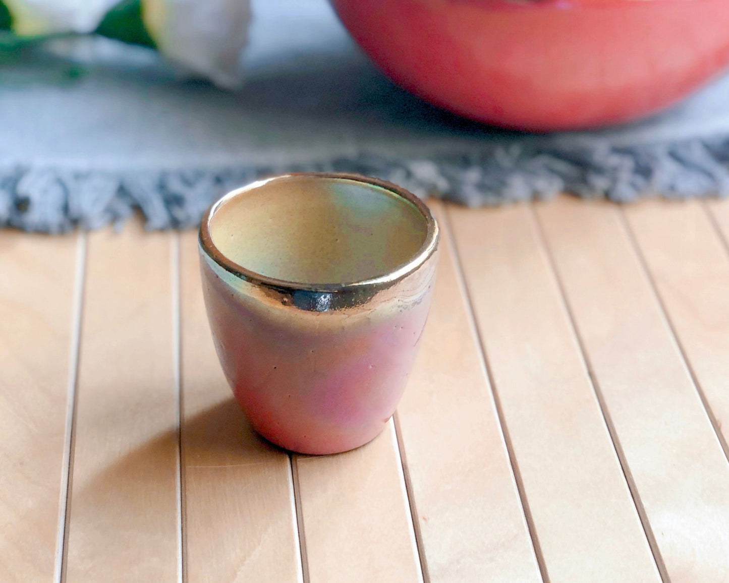 Pink Coffee/Espresso Handleless Cup/Mug with Glossy Glazing and Gold Metallic Rim - Artistic Handmade Reduction Firing Pottery