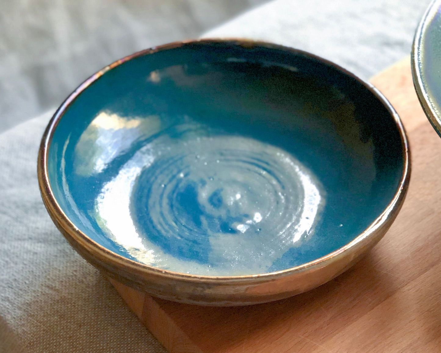 Peacock Blue Pasta Bowls Set | Metallic Gold Rim & Matt Rustic Green Exterior | Elegant Artistic Handmade Ceramic Dinnerware