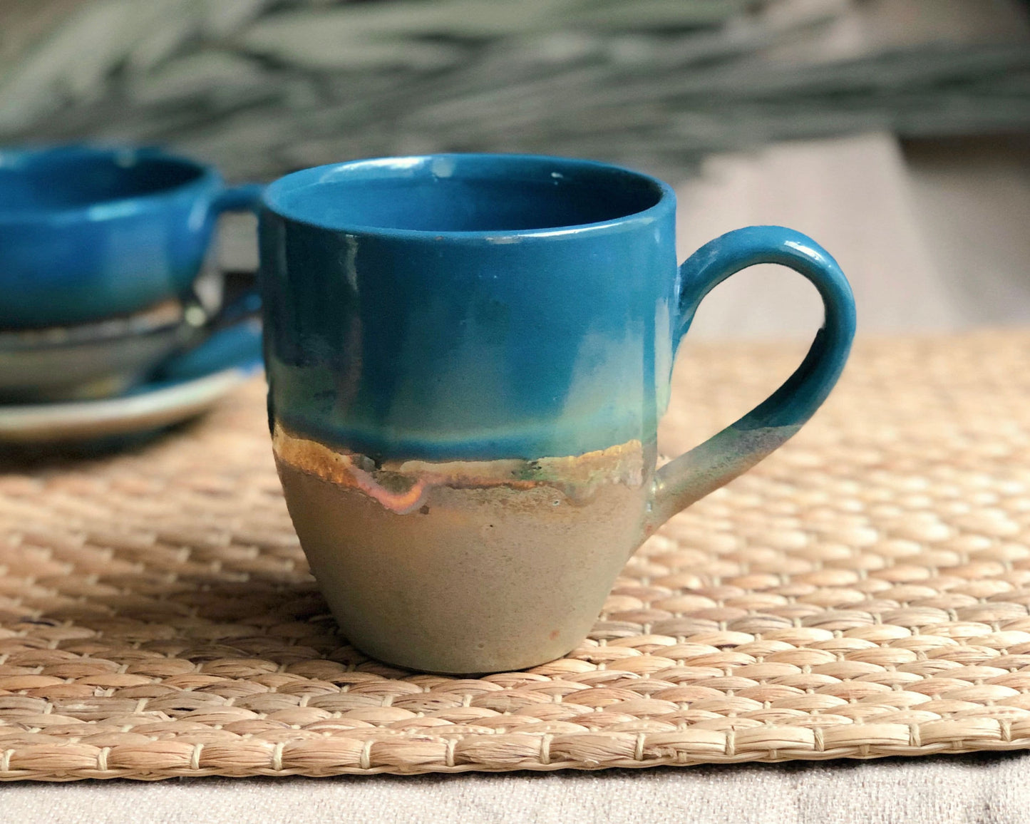 Green, Blue & Gold Mugs | Glossy, Rustic and Metallic Glazing | For Coffee, Latte, Cappuccino, or any Beverage | Artisan-made Mug Set