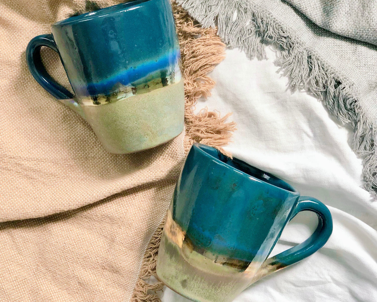 Green, Blue & Gold Mugs | Glossy, Rustic and Metallic Glazing | For Coffee, Latte, Cappuccino, or any Beverage | Artisan-made Mug Set
