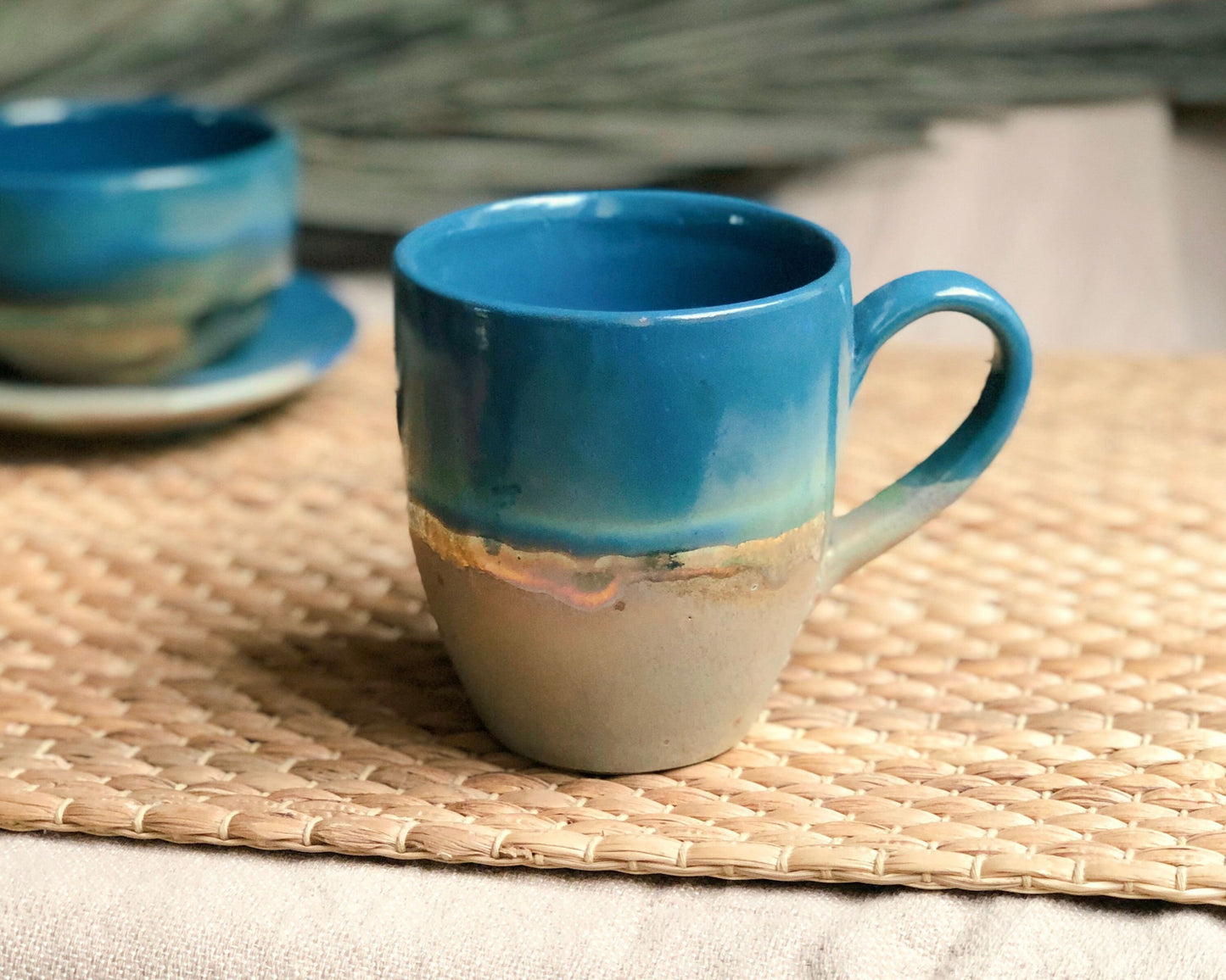 Green, Blue & Gold Mugs | Glossy, Rustic and Metallic Glazing | For Coffee, Latte, Cappuccino, or any Beverage | Artisan-made Mug Set