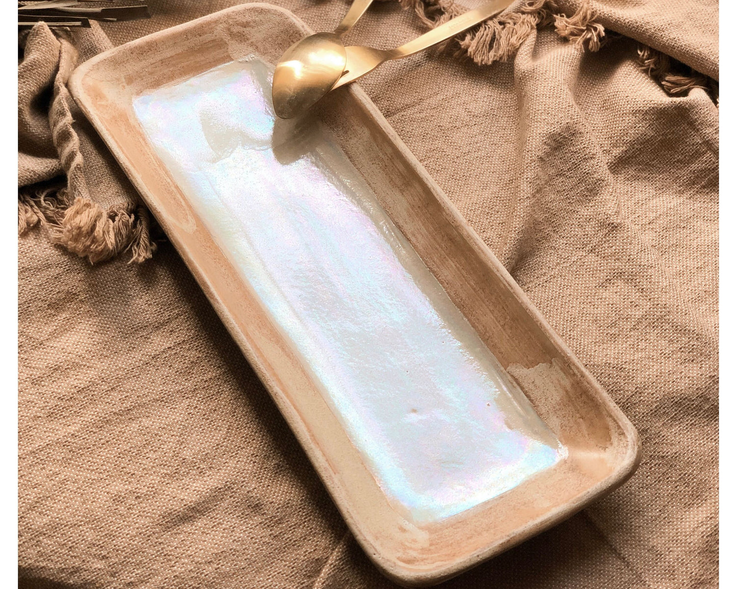 Cream Serving Platter with Rustic Beige Rim - and Pearl Iridescent Finish - Ceramic Dinnerware Serveware Rectangular Plate
