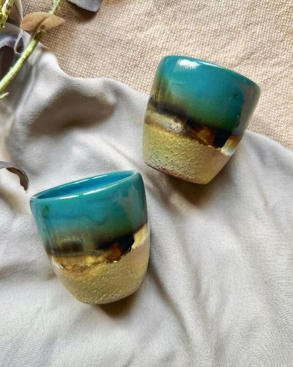 Peacock Blue/Teal Coffee/Espresso Handleless Cup/Mug with with Rustic green, and Gold Metallic Stripe - Artistic Handmade Cup Set