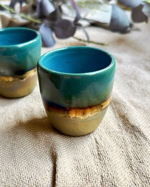 Peacock Blue/Teal Coffee/Espresso Handleless Cup/Mug with with Rustic green, and Gold Metallic Stripe - Artistic Handmade Cup Set