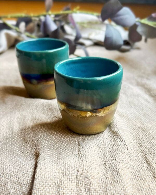 Peacock Blue/Teal Coffee/Espresso Handleless Cup/Mug with with Rustic green, and Gold Metallic Stripe - Artistic Handmade Cup Set