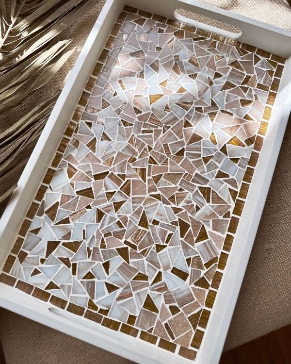 Mosaic Tray with Hazelnut, Brown, Pastel Pink, and Shimmering Pearl White Design | in a White Wooden Frame and Handle | Artisan-Made