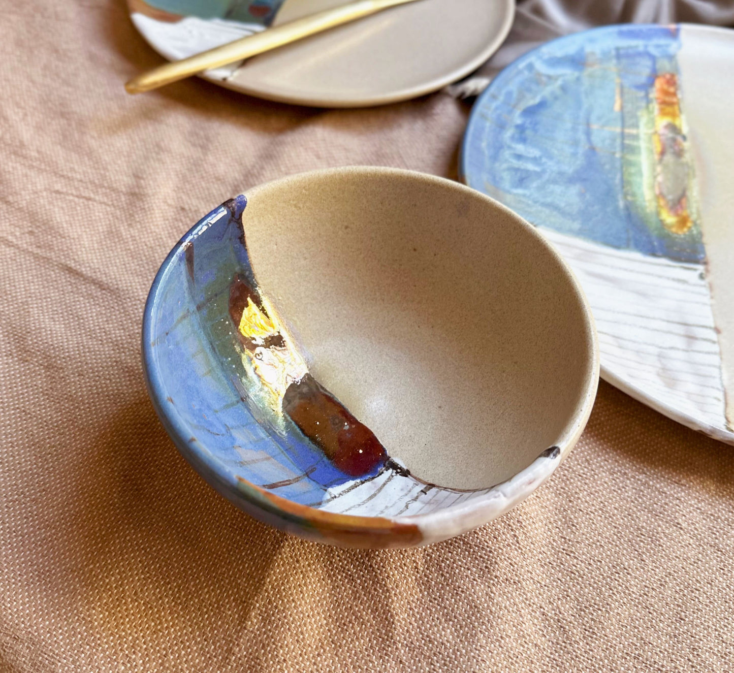 Beige Bowls Set | with Pastel Abstract Art | with Metallic Highlights | for Soup, Salads, or Appetizers | Artisanal Ceramic Dinner Set