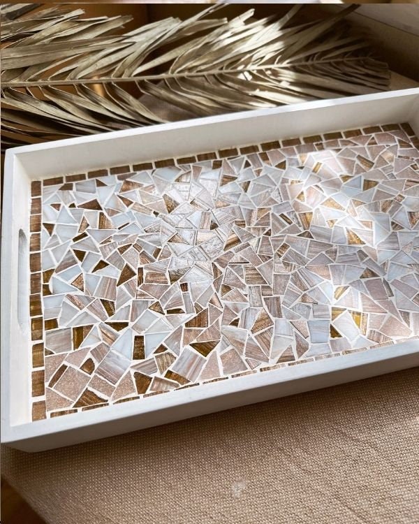 Mosaic Tray with Hazelnut, Brown, Pastel Pink, and Shimmering Pearl White Design | in a White Wooden Frame and Handle | Artisan-Made