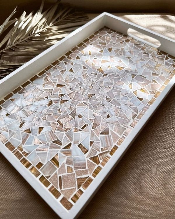 Mosaic Tray with Hazelnut, Brown, Pastel Pink, and Shimmering Pearl White Design | in a White Wooden Frame and Handle | Artisan-Made