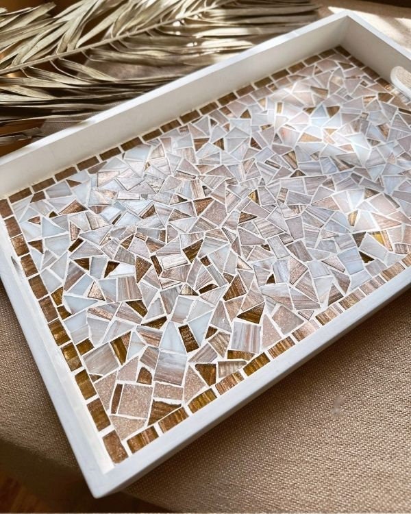 Mosaic Tray with Hazelnut, Brown, Pastel Pink, and Shimmering Pearl White Design | in a White Wooden Frame and Handle | Artisan-Made
