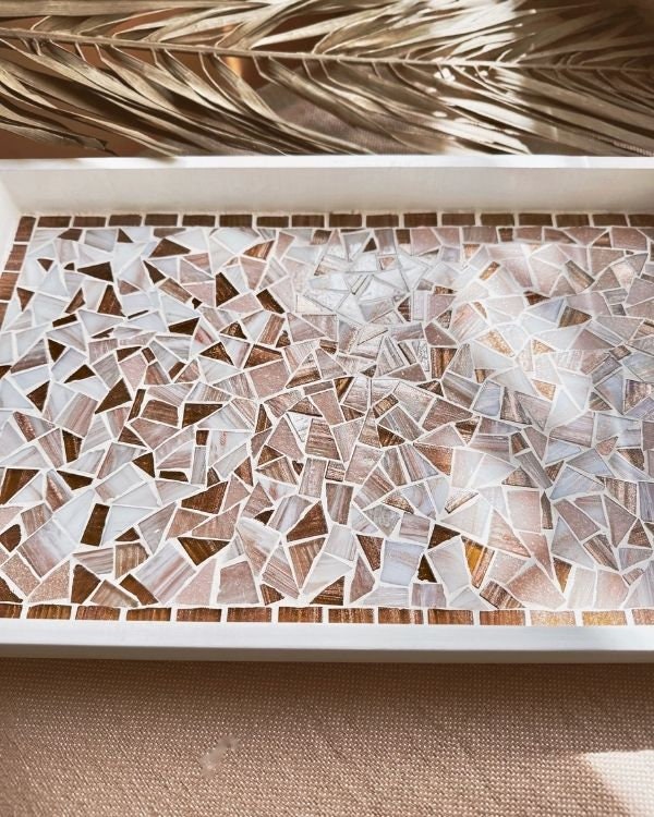 Mosaic Tray with Hazelnut, Brown, Pastel Pink, and Shimmering Pearl White Design | in a White Wooden Frame and Handle | Artisan-Made