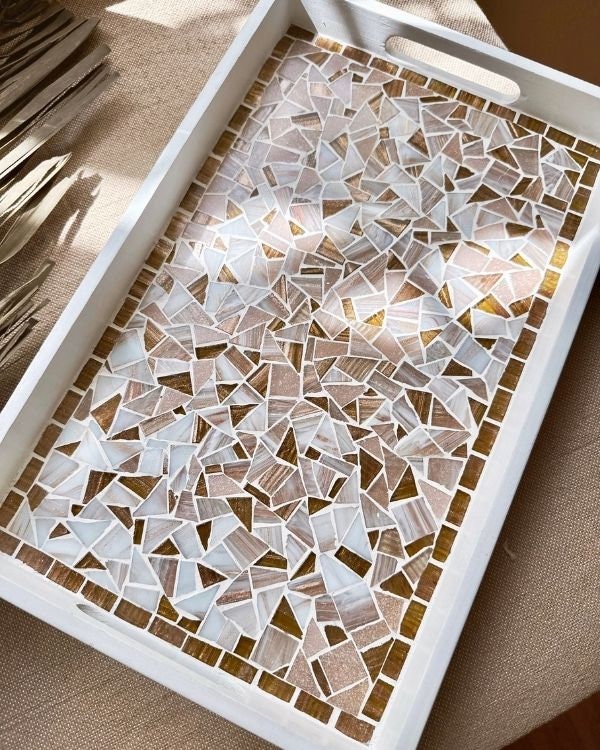 Mosaic Tray with Hazelnut, Brown, Pastel Pink, and Shimmering Pearl White Design | in a White Wooden Frame and Handle | Artisan-Made