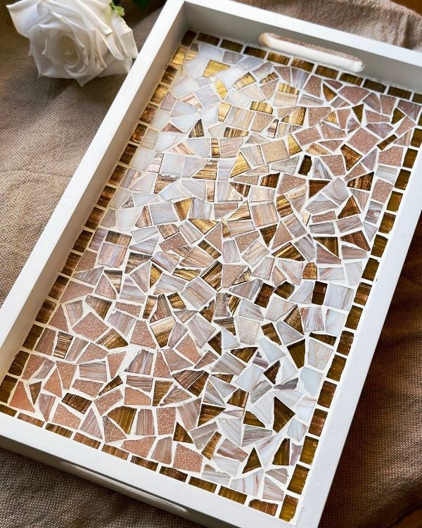 Mosaic Tray with Hazelnut, Brown, Pastel Pink, and Shimmering Pearl White Design | in a White Wooden Frame and Handle | Artisan-Made