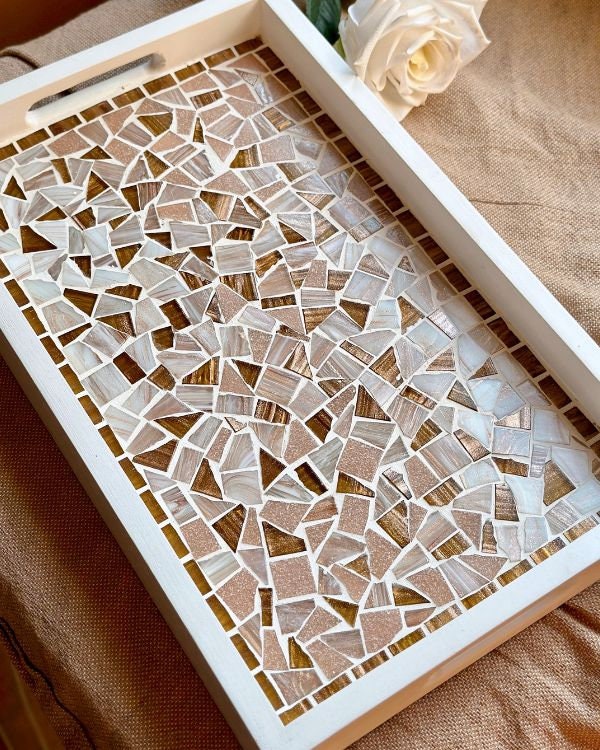 Mosaic Tray with Hazelnut, Brown, Pastel Pink, and Shimmering Pearl White Design | in a White Wooden Frame and Handle | Artisan-Made