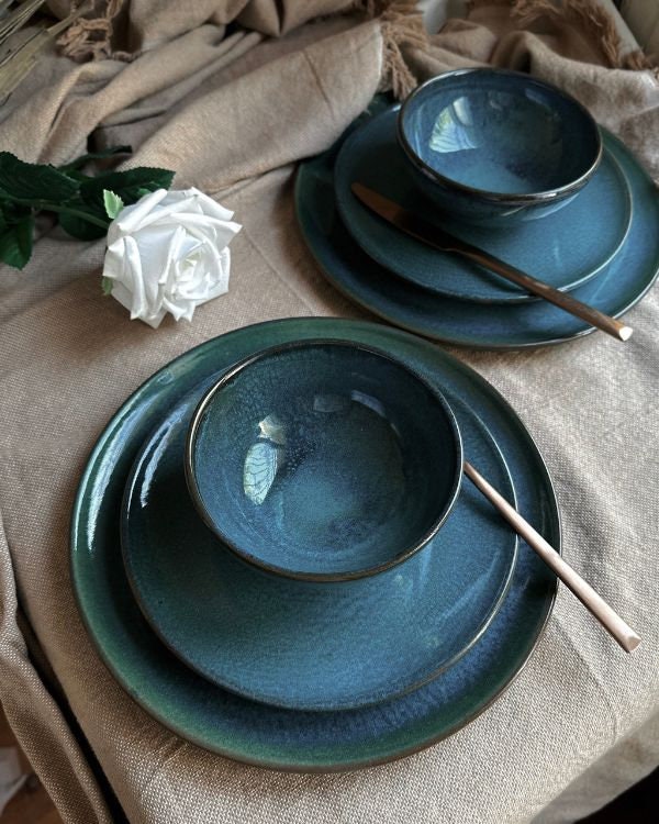 Blue & Navy Dinner Set | Random Hints of Green and Brown | 3-Piece with a Glossy Finish | Artisanal Handmade Pottery/Ceramic Dinnerware