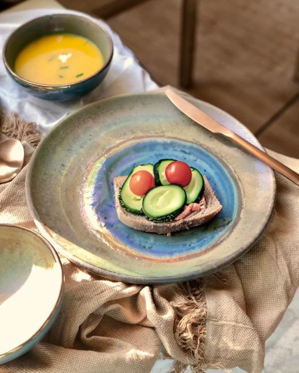 Green, Blue & Gold Dinner Plate Set | Rustic, Glossy Finish with Metallic Details | Artistic Unique Dinnerware | Ceramic Pottery Artisanal