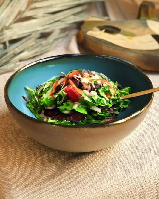 Green, Blue & Gold Large Bowl | with Rustic, Glossy and Metallic Finish | For Serving/Salad | Artistic Handmade Artisanal Ceramic Bowl