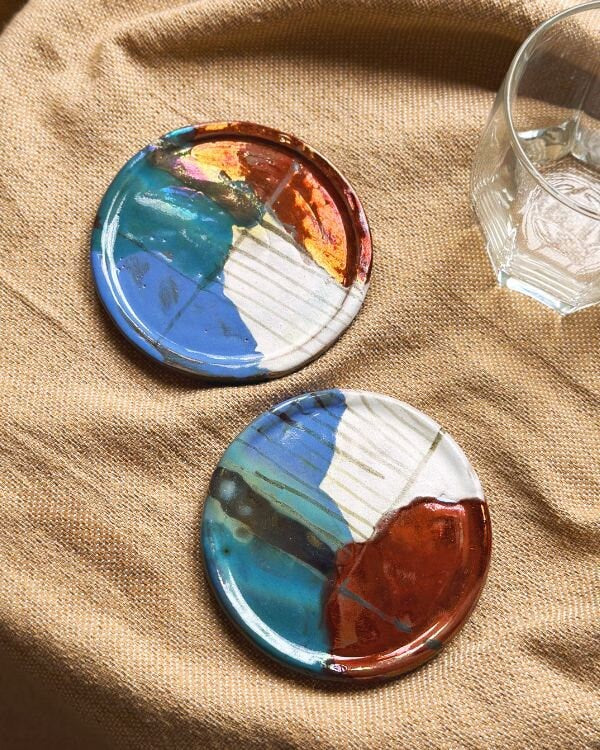 Artistic Coaster Set | Multi-Color with Glossy & Subtle Metallic Finish | Artistic Handmade Reduction Firing Pottery Home Decor