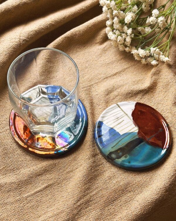 Artistic Coaster Set | Multi-Color with Glossy & Subtle Metallic Finish | Artistic Handmade Reduction Firing Pottery Home Decor