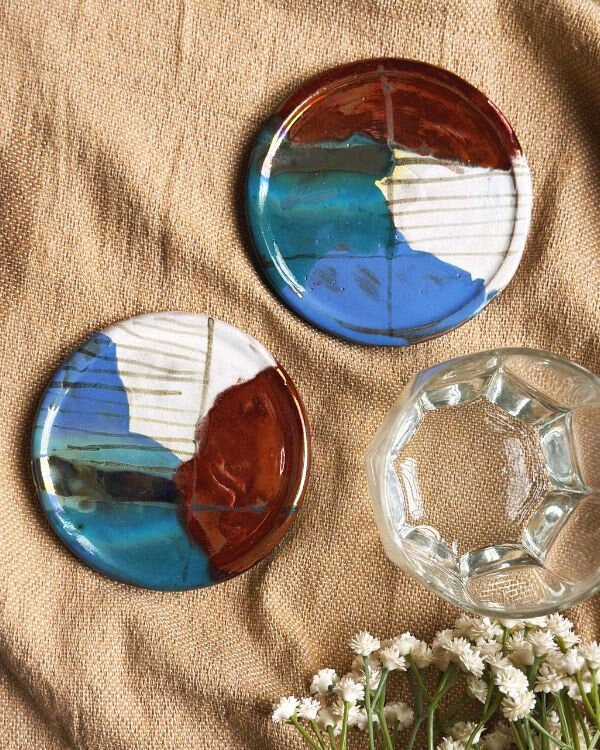 Artistic Coaster Set | Multi-Color with Glossy & Subtle Metallic Finish | Artistic Handmade Reduction Firing Pottery Home Decor