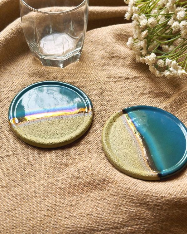 Blue, Green & Gold Coaster Set | Glossy, Matte, and Subtle Metallic Finish | Artistic Handmade Reduction Firing Pottery Home Decor