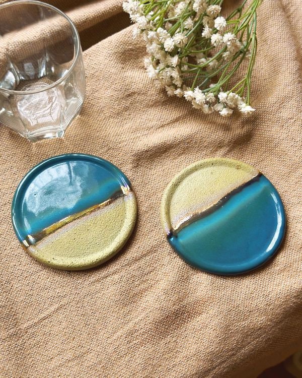 Blue, Green & Gold Coaster Set | Glossy, Matte, and Subtle Metallic Finish | Artistic Handmade Reduction Firing Pottery Home Decor