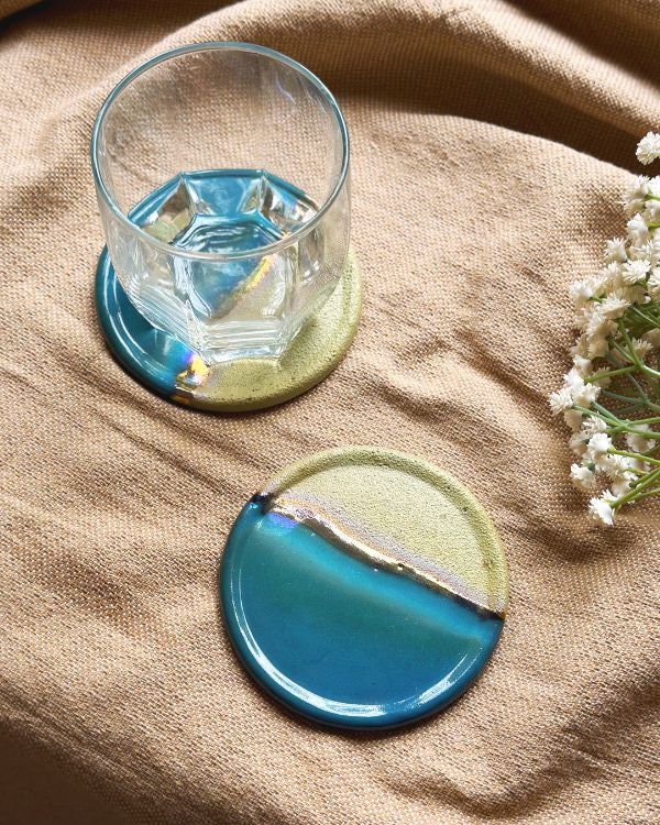 Blue, Green & Gold Coaster Set | Glossy, Matte, and Subtle Metallic Finish | Artistic Handmade Reduction Firing Pottery Home Decor