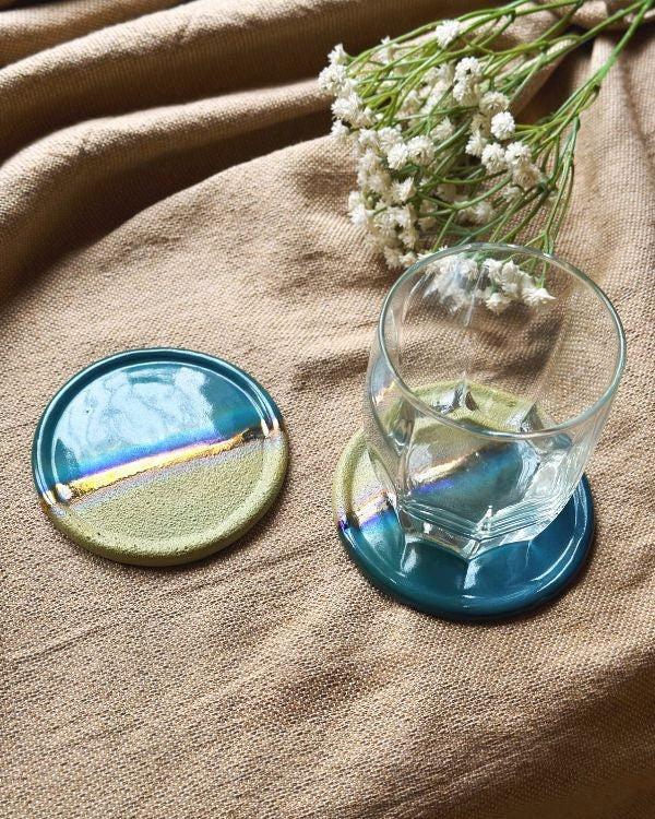 Blue, Green & Gold Coaster Set | Glossy, Matte, and Subtle Metallic Finish | Artistic Handmade Reduction Firing Pottery Home Decor