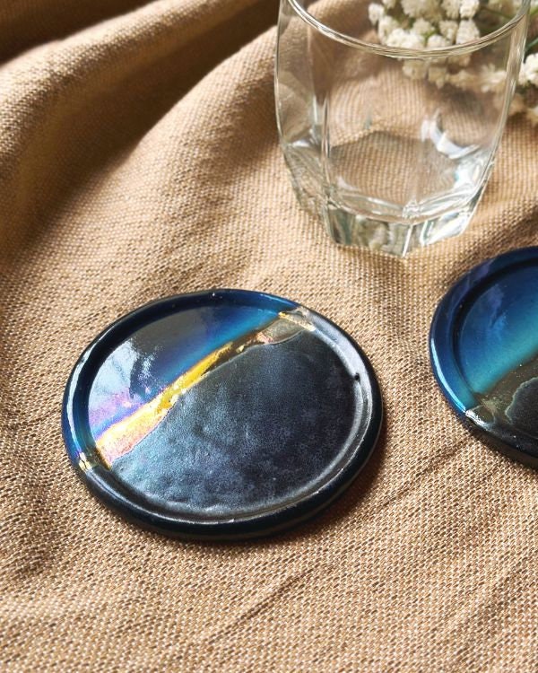 Black, Blue & Gold Coaster Set | Glossy, Matte, and Subtle Metallic Finish | Artistic Handmade Reduction Firing Pottery Home Decor