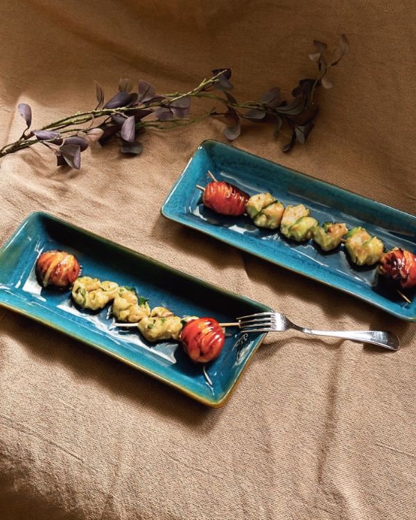 Blue Rectangular Serving Platter | with hints of Green and Turquoise | For Appetizers and Sushi | Ceramic Dinnerware Serveware