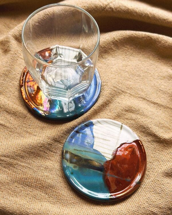 Artistic Coaster Set | Multi-Color with Glossy & Subtle Metallic Finish | Artistic Handmade Reduction Firing Pottery Home Decor