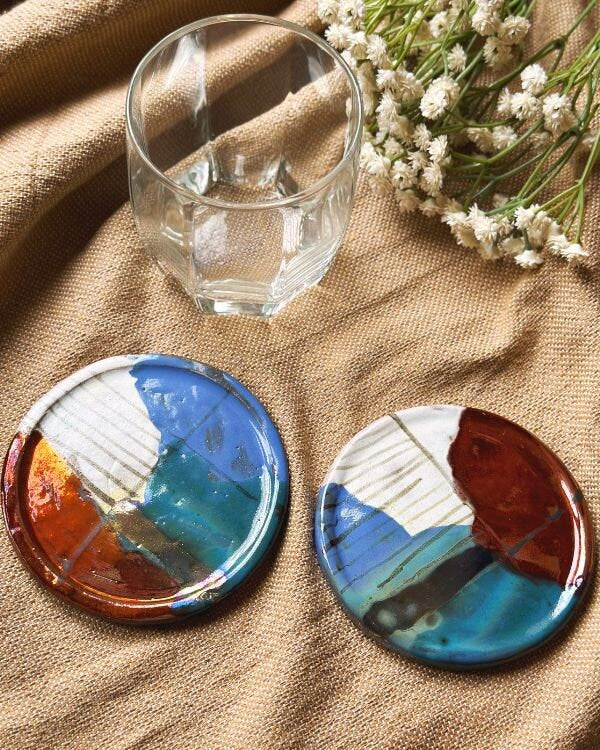 Artistic Coaster Set | Multi-Color with Glossy & Subtle Metallic Finish | Artistic Handmade Reduction Firing Pottery Home Decor