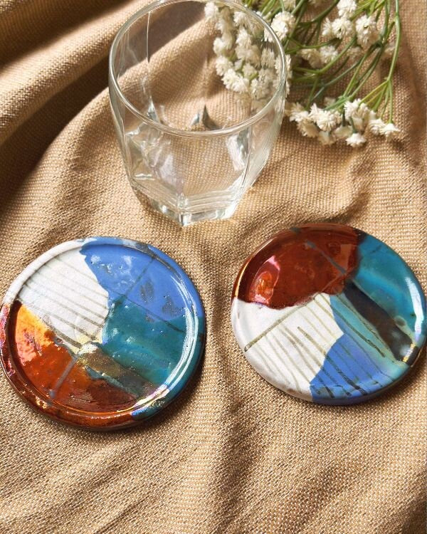 Artistic Coaster Set | Multi-Color with Glossy & Subtle Metallic Finish | Artistic Handmade Reduction Firing Pottery Home Decor